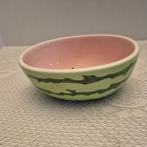 Vintage Pier 1 Watermelon Pink and Green Striped Ceramic Serving Bowl - Japan